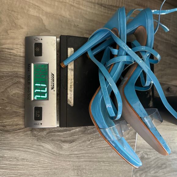 SCHUTZ Cloe Vinyl Strappy Heels – Blue Patent, Clear Strap, Size 10B Womens - Picture 2 of 8